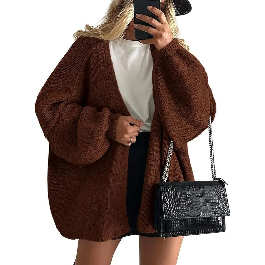 Women's Oversized Open Front Cardigan Sweater Fall Long Lantern Sleeve Lightweight Casual Knit Tops