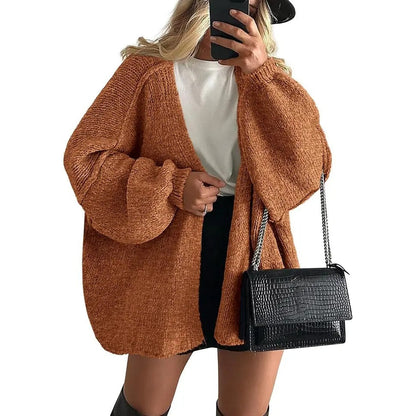Women's Oversized Open Front Cardigan Sweater Fall Long Lantern Sleeve Lightweight Casual Knit Tops
