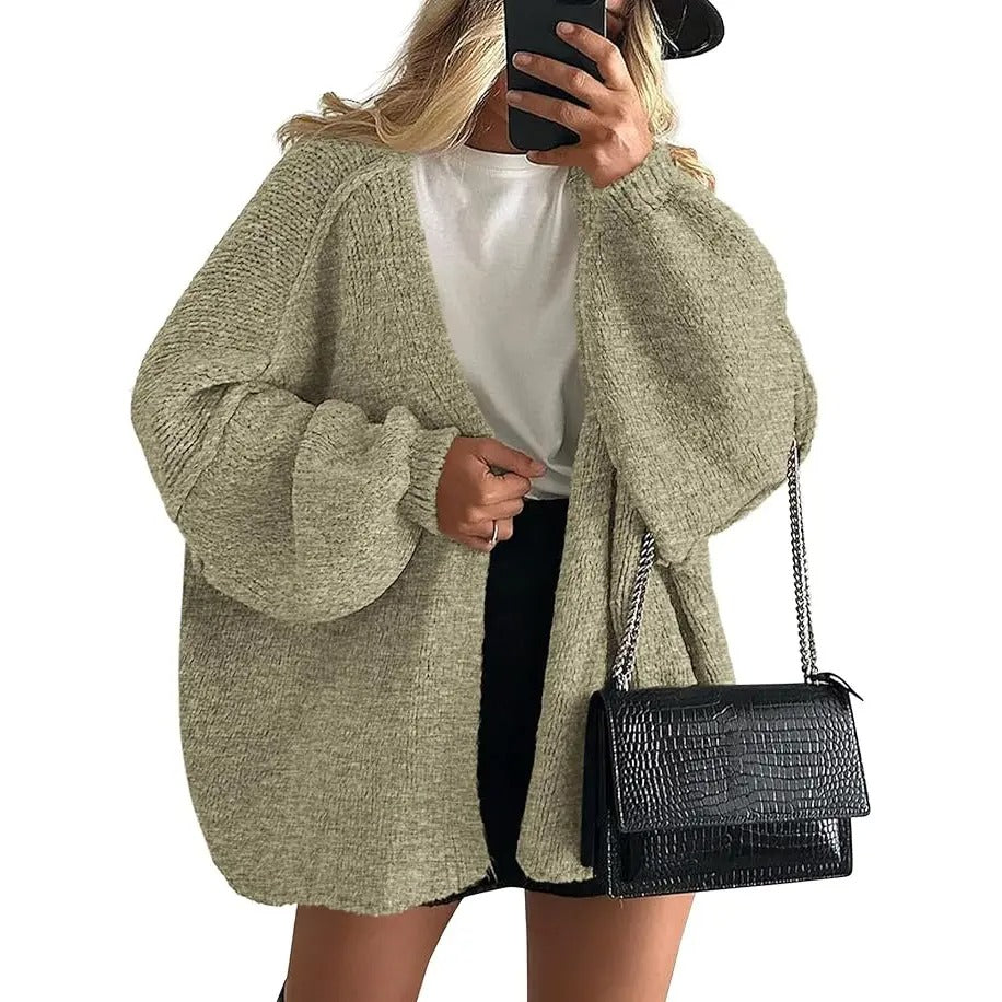 Women's Oversized Open Front Cardigan Sweater Fall Long Lantern Sleeve Lightweight Casual Knit Tops