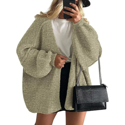 Women's Oversized Open Front Cardigan Sweater Fall Long Lantern Sleeve Lightweight Casual Knit Tops
