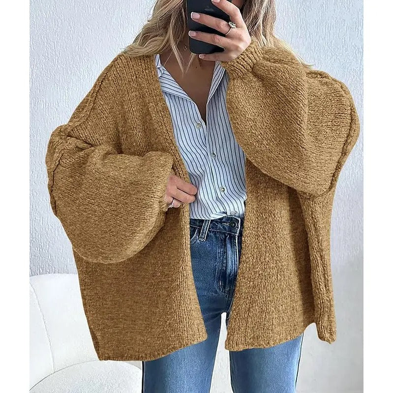 Women's Oversized Open Front Cardigan Sweater Fall Long Lantern Sleeve Lightweight Casual Knit Tops