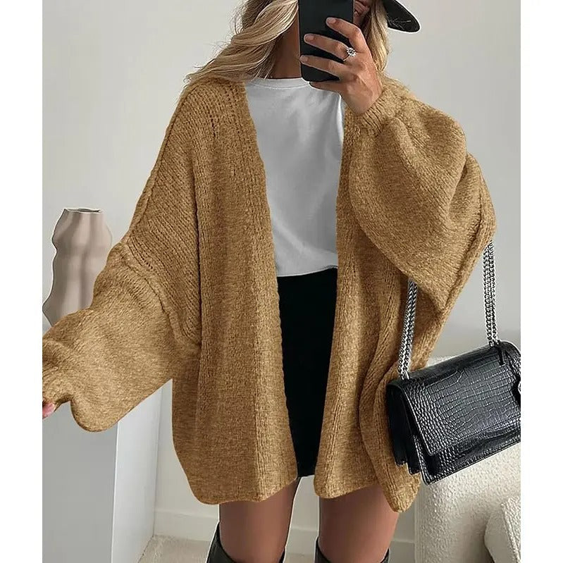 Women's Oversized Open Front Cardigan Sweater Fall Long Lantern Sleeve Lightweight Casual Knit Tops