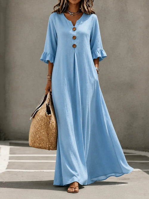 Women's Boho Solid V-Neck A-Line Dress, Ruffle Sleeve Casual Loose Flowy Midi Dress with Wooden Buttons