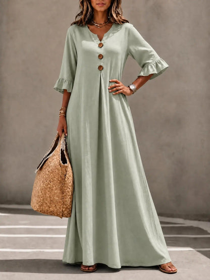 Women's Boho Solid V-Neck A-Line Dress, Ruffle Sleeve Casual Loose Flowy Midi Dress with Wooden Buttons