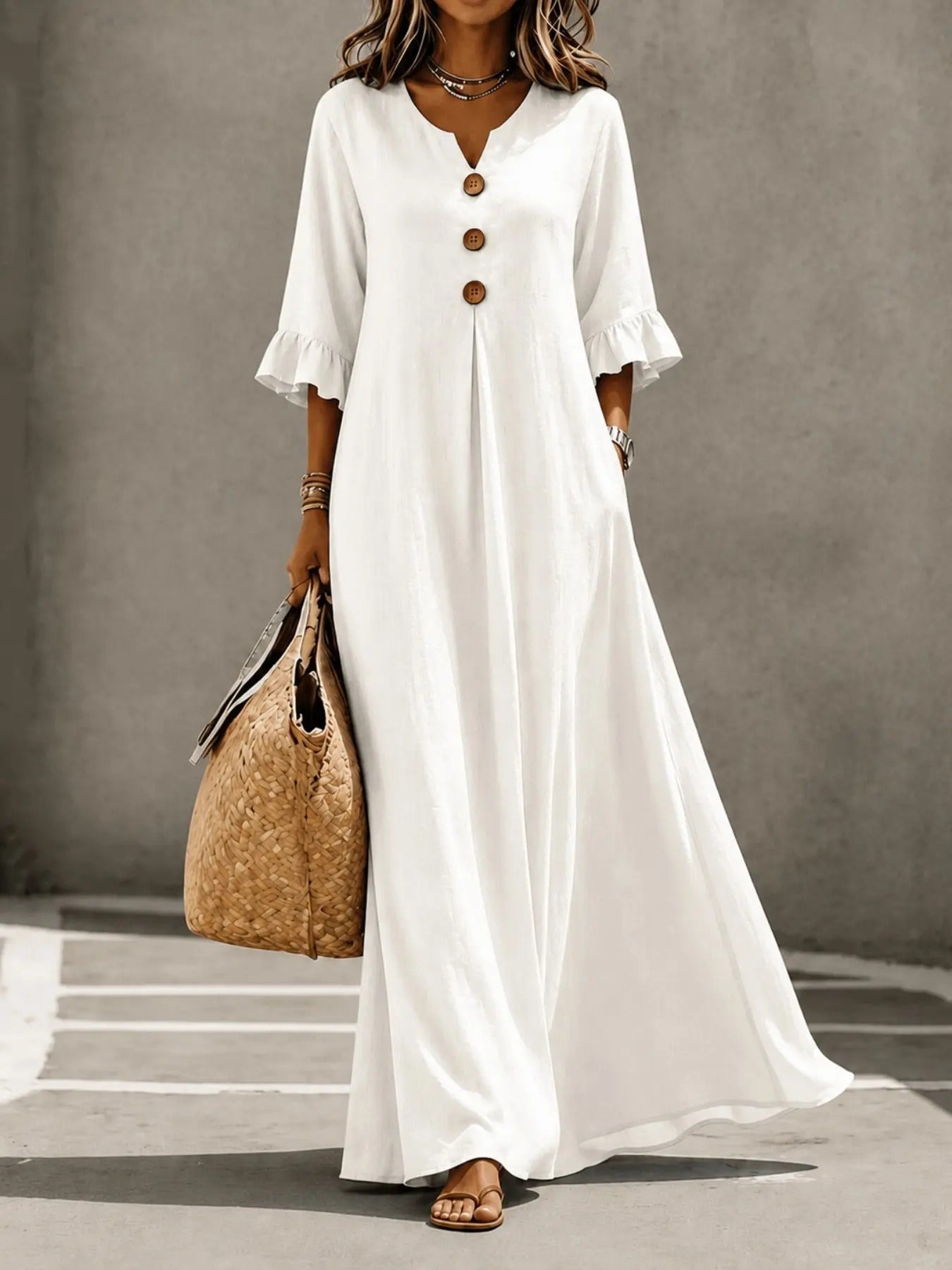 Women's Boho Solid V-Neck A-Line Dress, Ruffle Sleeve Casual Loose Flowy Midi Dress with Wooden Buttons