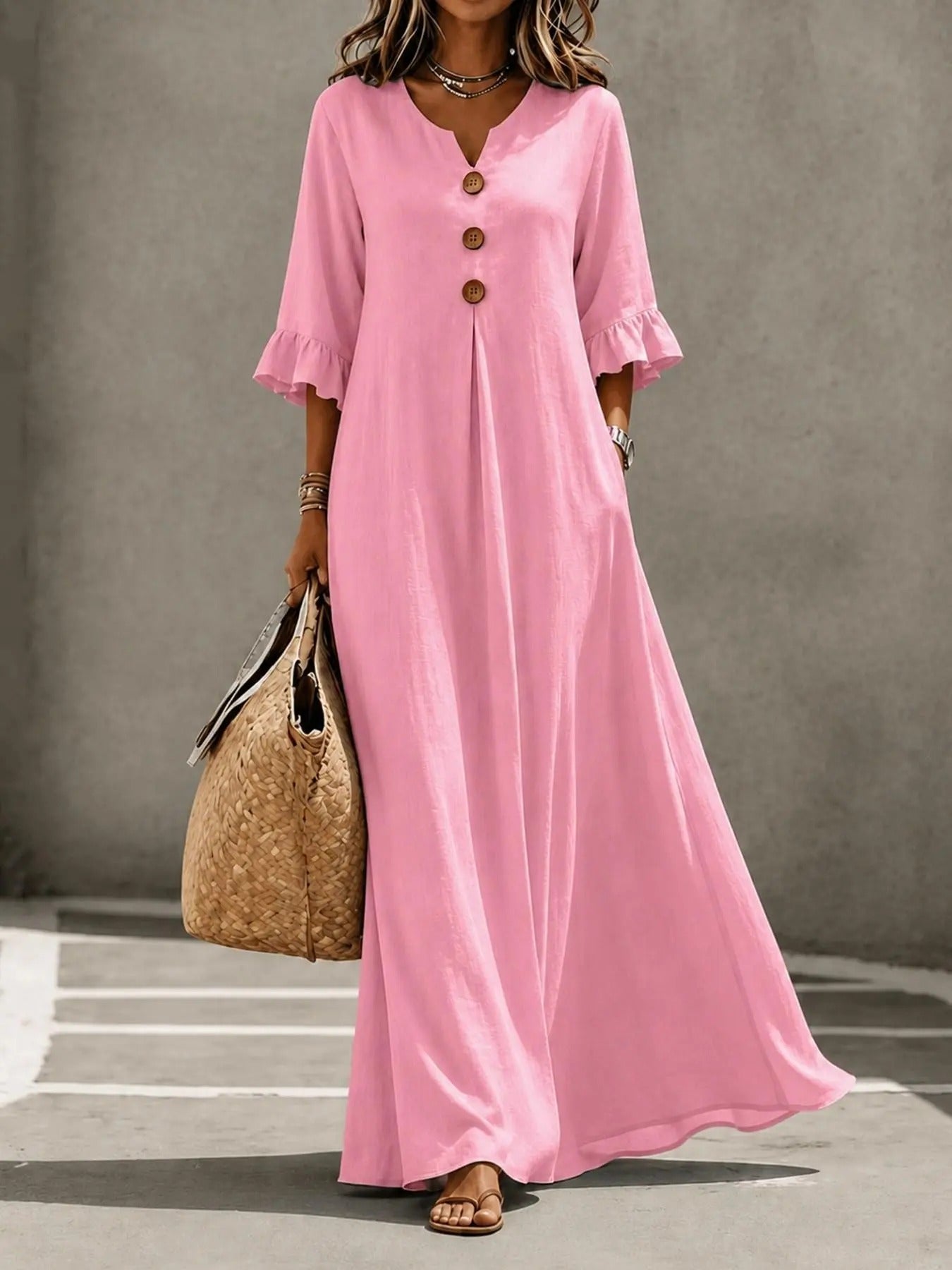 Women's Boho Solid V-Neck A-Line Dress, Ruffle Sleeve Casual Loose Flowy Midi Dress with Wooden Buttons
