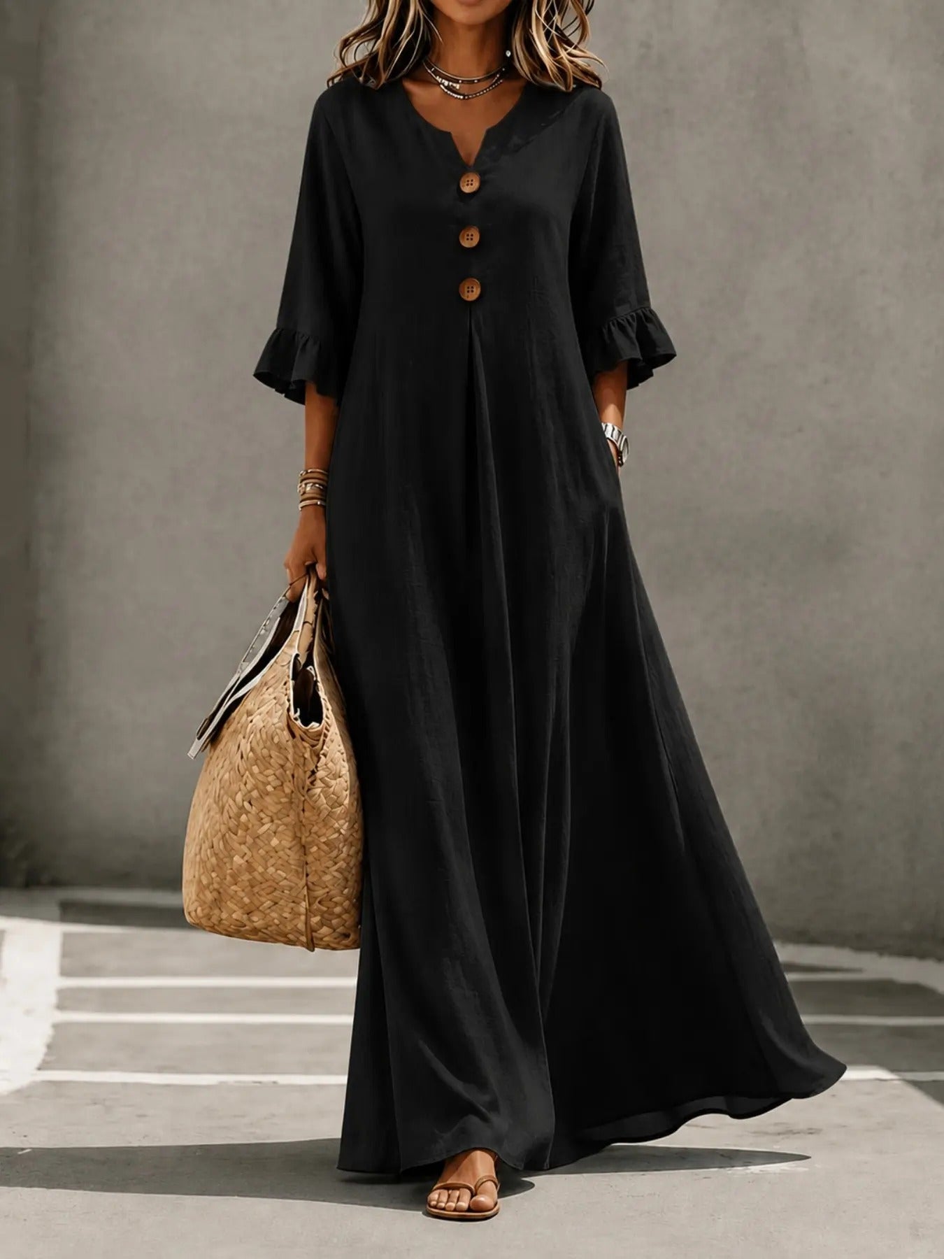 Women's Boho Solid V-Neck A-Line Dress, Ruffle Sleeve Casual Loose Flowy Midi Dress with Wooden Buttons