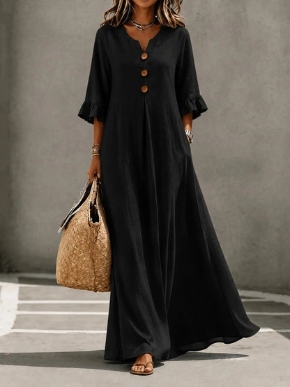 Women's Boho Solid V-Neck A-Line Dress, Ruffle Sleeve Casual Loose Flowy Midi Dress with Wooden Buttons