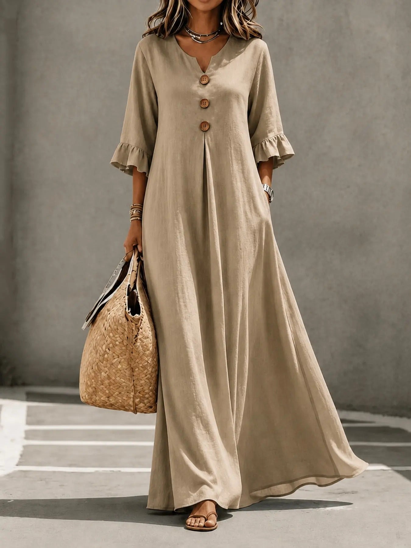 Women's Boho Solid V-Neck A-Line Dress, Ruffle Sleeve Casual Loose Flowy Midi Dress with Wooden Buttons