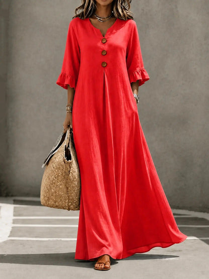 Women's Boho Solid V-Neck A-Line Dress, Ruffle Sleeve Casual Loose Flowy Midi Dress with Wooden Buttons