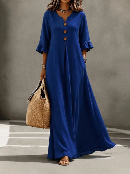 Women's Boho Solid V-Neck A-Line Dress, Ruffle Sleeve Casual Loose Flowy Midi Dress with Wooden Buttons