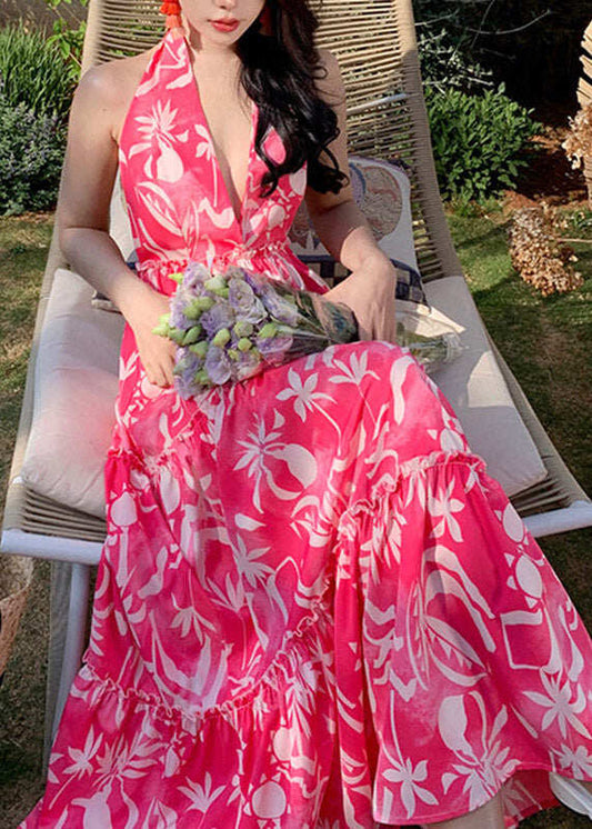 Fashion Red Patchwork Halter Wrinkled Maxi Beach Dress Sleeveless