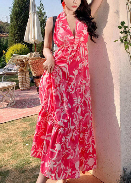 Fashion Red Patchwork Halter Wrinkled Maxi Beach Dress Sleeveless