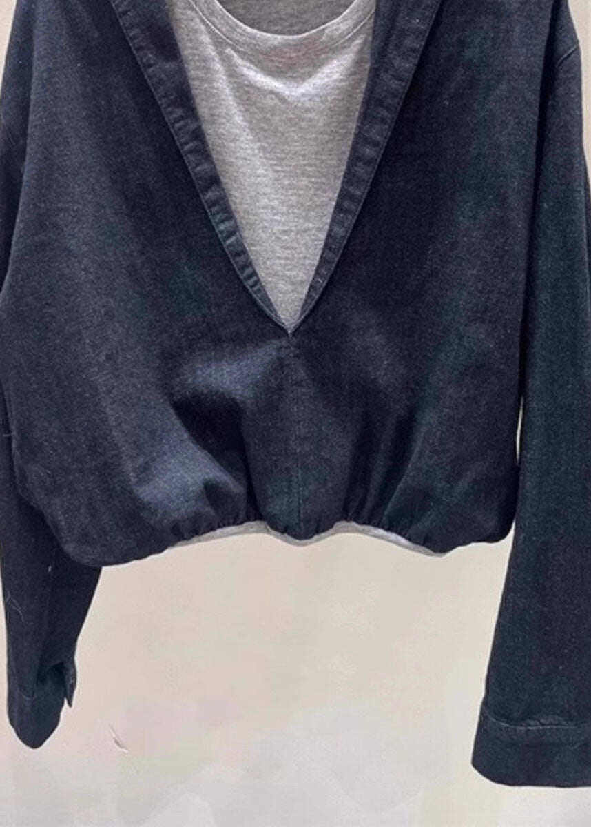Chic Navy O Neck Patchwork False Two Pieces Cotton Top Spring