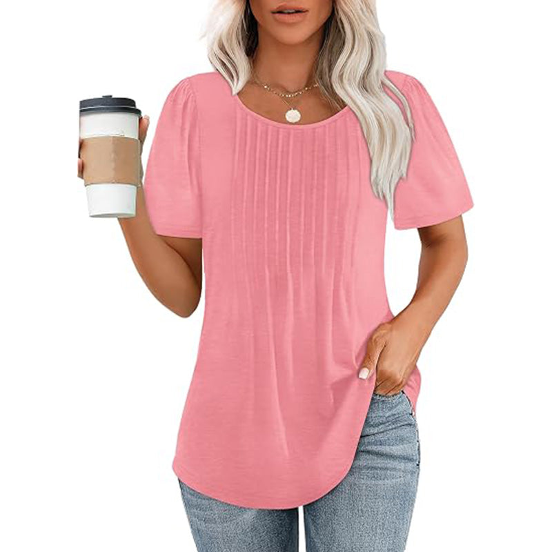 🔥Last Day Promotion🔥Womens T Shirts Short Sleeve Pleated Dressy Casual Scooped Neck Summer Tops Blouses