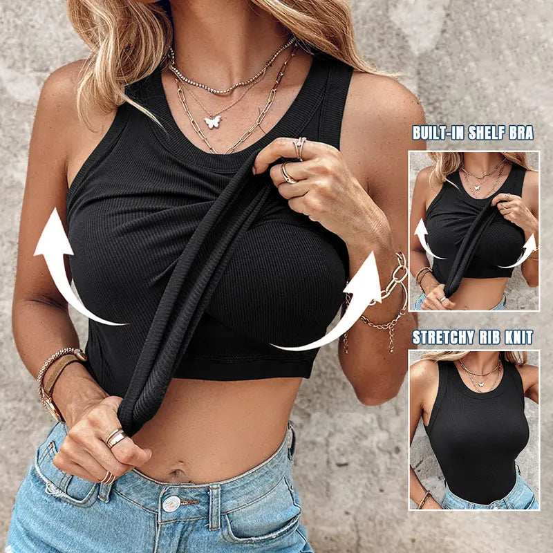 🔥 LAST DAY PROMOTION🍃Women’s Ribbed Tank Top with Built-In Bra – Soft, Stretchy & Supportive