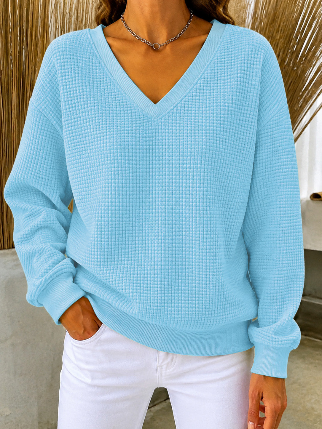 CLEARANCE SALE🔥Women's V‑Neck Waffle Knit Sweatshirt, Loose Long Sleeve Casual Blouse