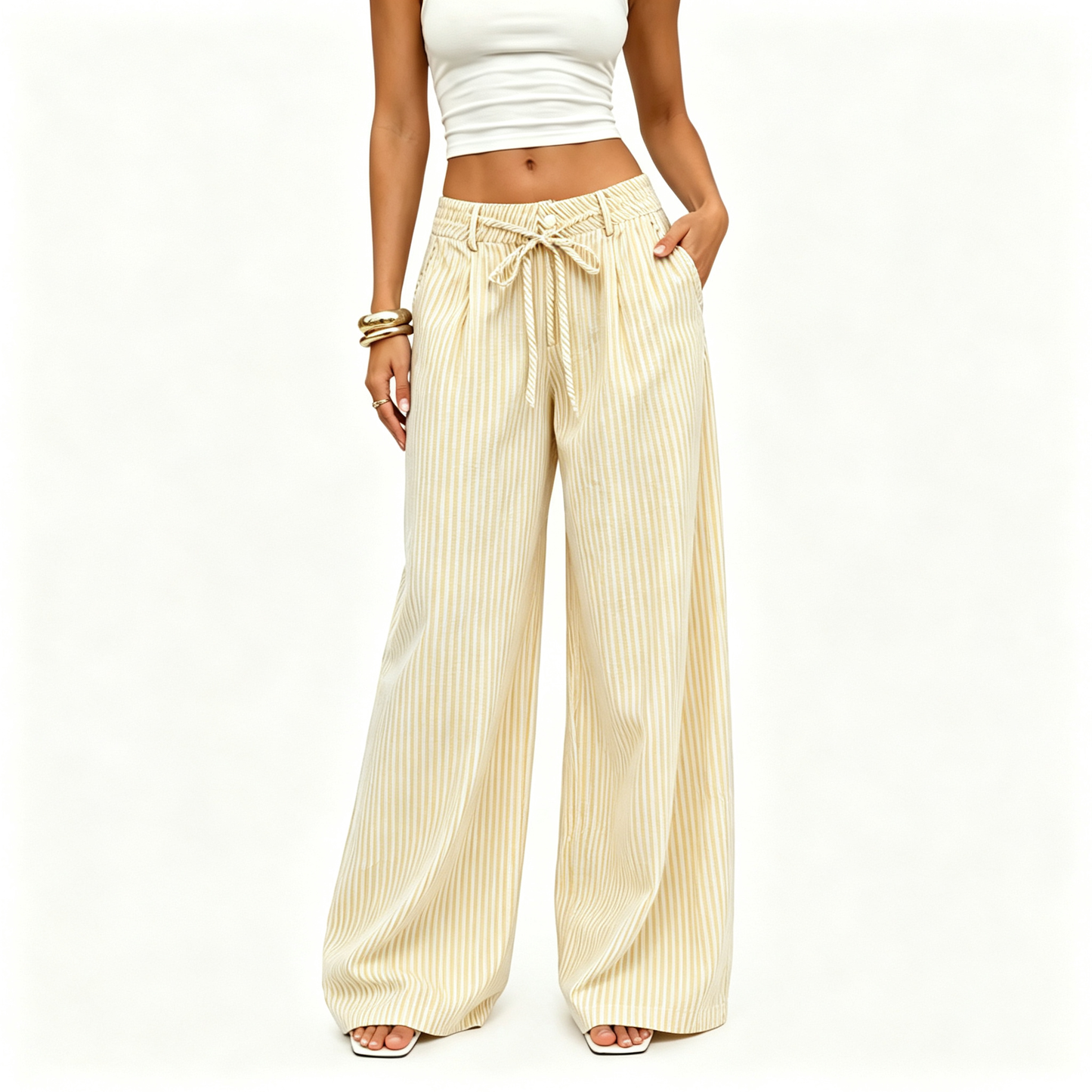 ⚡FINAL SALE⚡- Women's  Striped With Pockets Black Baggy Low Rise Wide Leg Pants