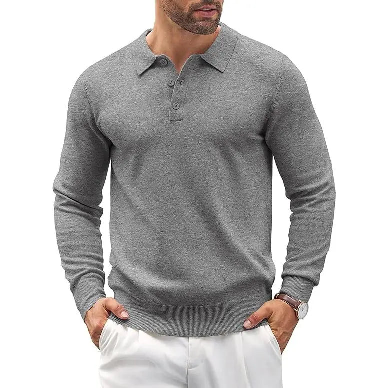 Men's Long Sleeve Knit Polo - Casual Button Down Golf Shirts for Men Formal Quarter