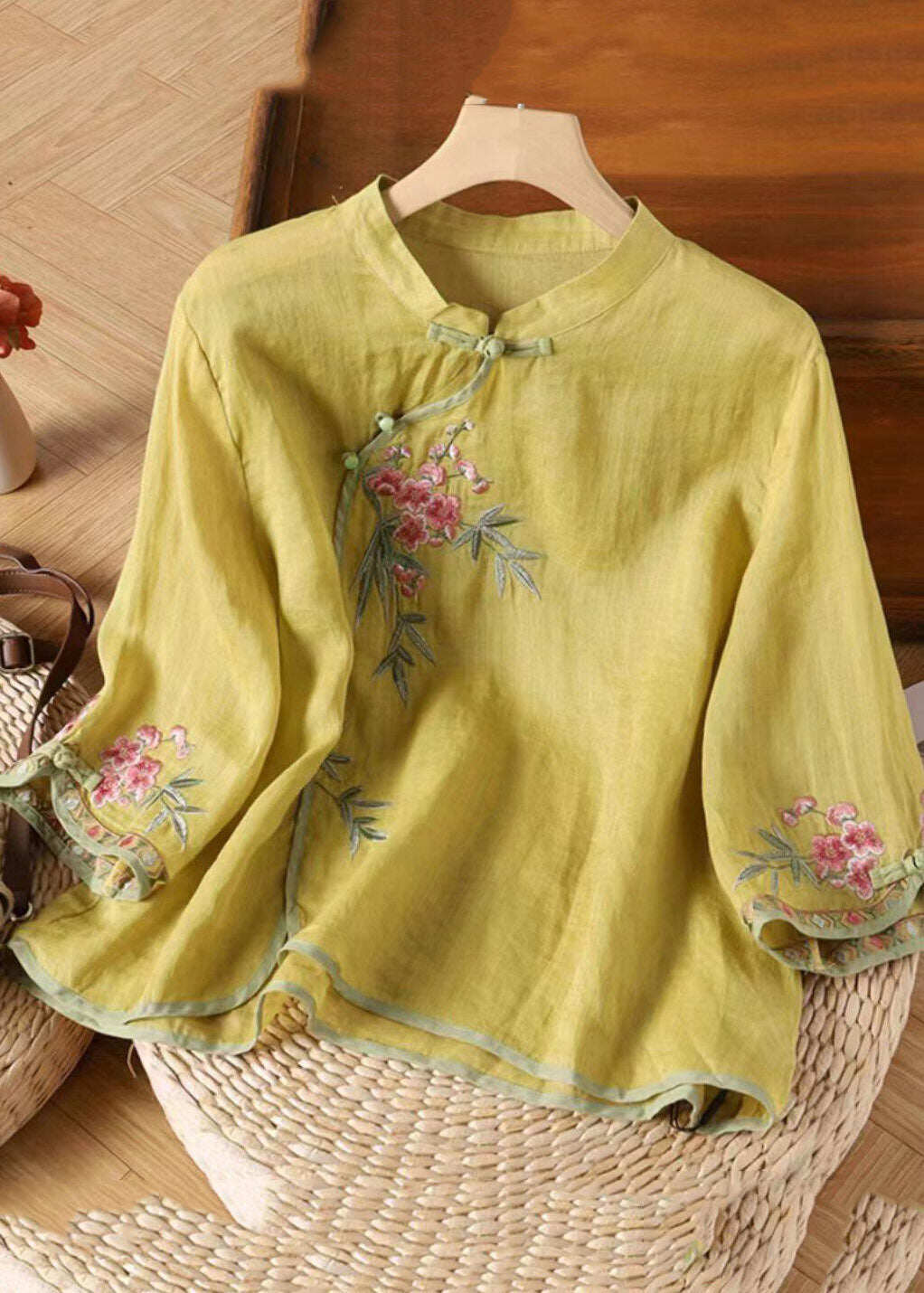 Cute Pink Stand Collar Embroidered Patchwork Shirt Three Quarter Sleeve