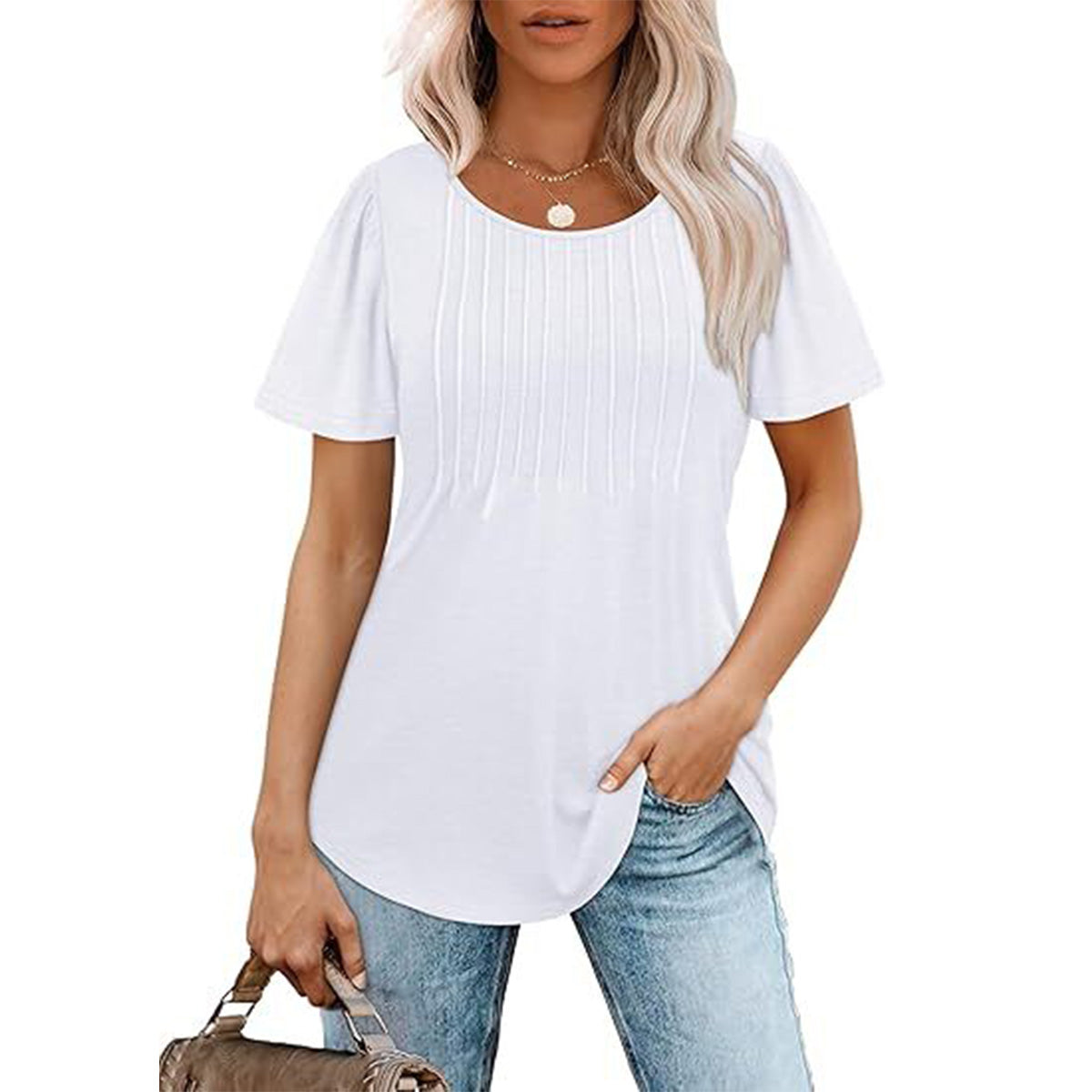 🔥Last Day Promotion🔥Womens T Shirts Short Sleeve Pleated Dressy Casual Scooped Neck Summer Tops Blouses