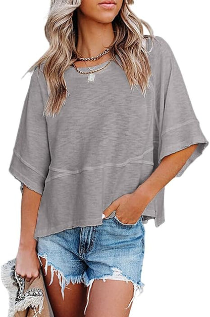 CLEARANCE SALE🔥Women's Summer Casual T-Shirts Loose Fit Crewneck 3/4 Sleeve Tops