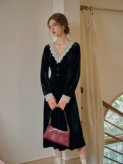 Elegant V-Neck Contrasting Lace Velvet Dress