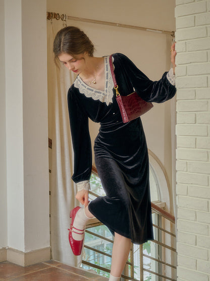 Elegant V-Neck Contrasting Lace Velvet Dress