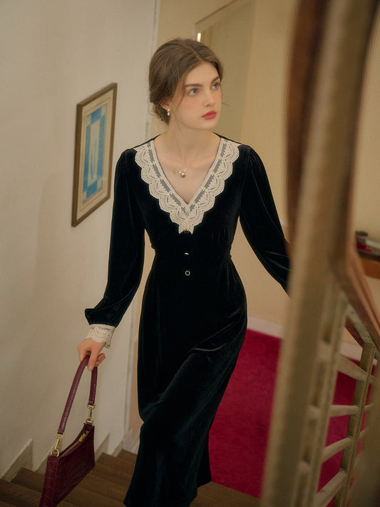 Elegant V-Neck Contrasting Lace Velvet Dress