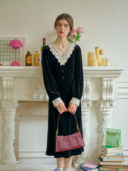 Elegant V-Neck Contrasting Lace Velvet Dress