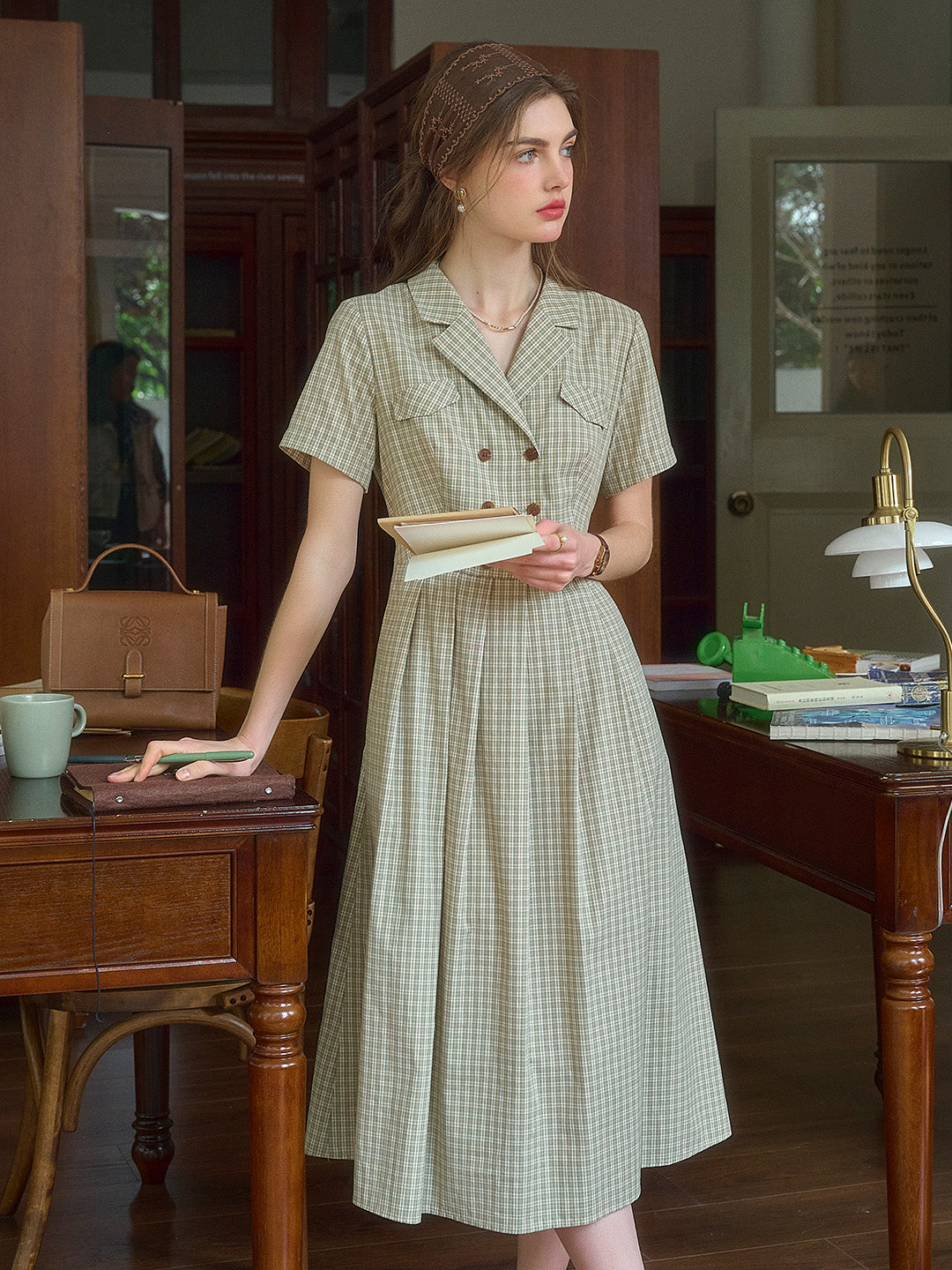 V-Neck Lapel Plaid Dress