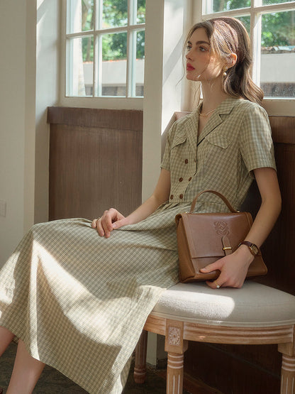 V-Neck Lapel Plaid Dress