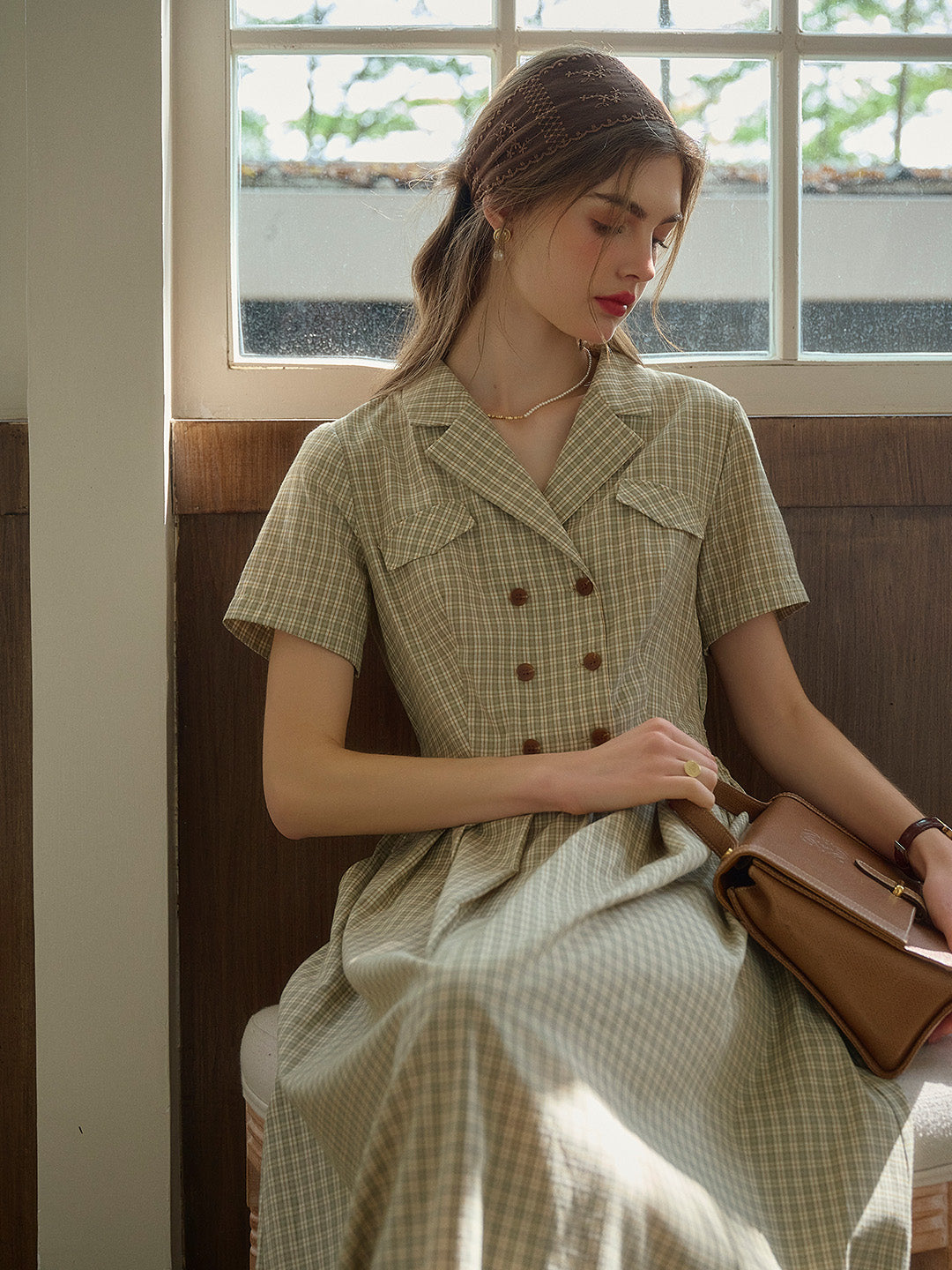 V-Neck Lapel Plaid Dress