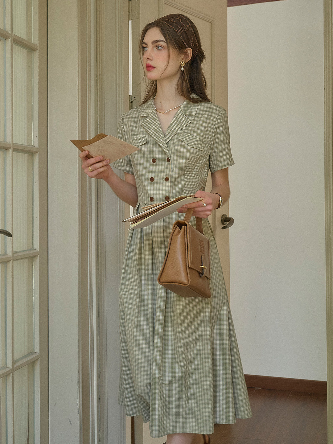 V-Neck Lapel Plaid Dress