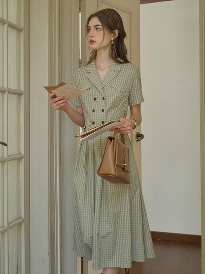 V-Neck Lapel Plaid Dress