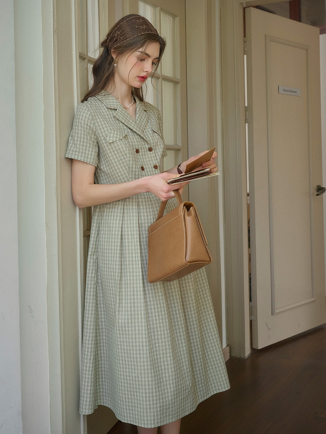 V-Neck Lapel Plaid Dress