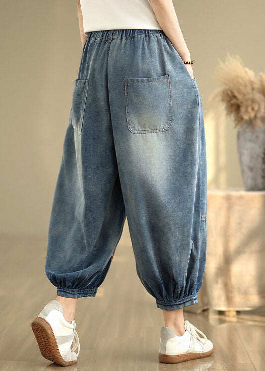 Loose Blue Embroidered Pockets Denim Crop Pants Summer