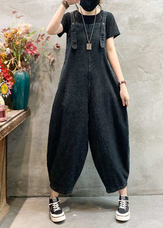 Women Black Pockets Plus Size Denim Jumpsuits Summer