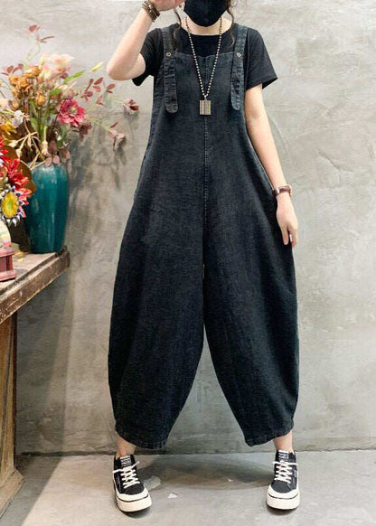 Women Black Pockets Plus Size Denim Jumpsuits Summer