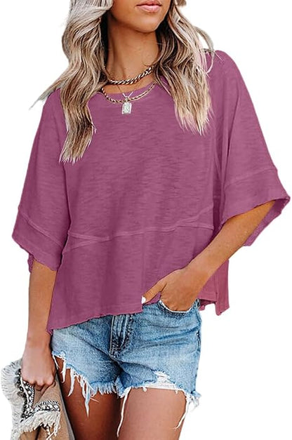 CLEARANCE SALE🔥Women's Summer Casual T-Shirts Loose Fit Crewneck 3/4 Sleeve Tops