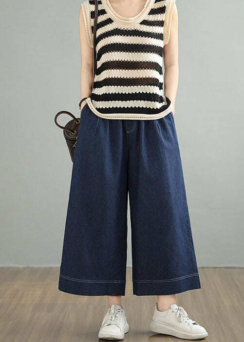 Loose Blue Pockets Elastic Waist Denim Crop Pants Spring