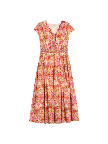 Wavy Neck Floral 100% Cotton Dress