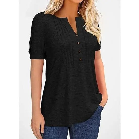 Women’s V Neck T Shirt – Casual Pleated Button Top, Loose Fit Short Sleeve Summer Tee