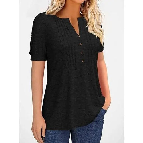 🔥Women’s V Neck T Shirt – Casual Pleated Button Top, Loose Fit Short