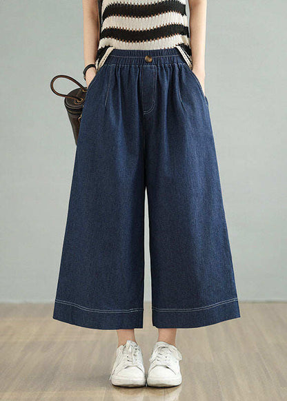 Loose Blue Pockets Elastic Waist Denim Crop Pants Spring