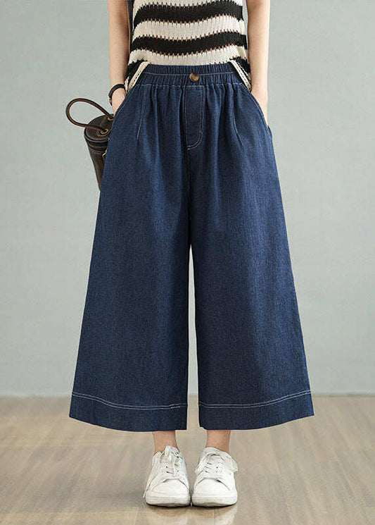 Loose Blue Pockets Elastic Waist Denim Crop Pants Spring