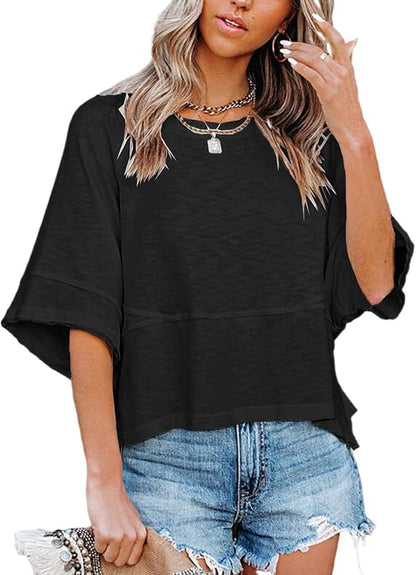 CLEARANCE SALE🔥Women's Summer Casual T-Shirts Loose Fit Crewneck 3/4 Sleeve Tops