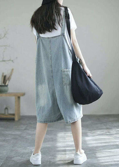 Boutique Light Blue Pockets Denim Half Jumpsuits Summer