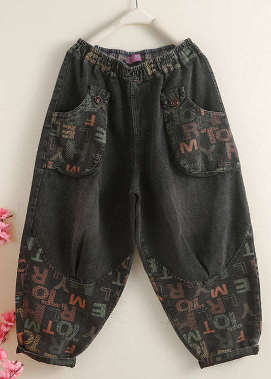 Vintage Black Pockets Graphic Print Denim Harem Pants Spring