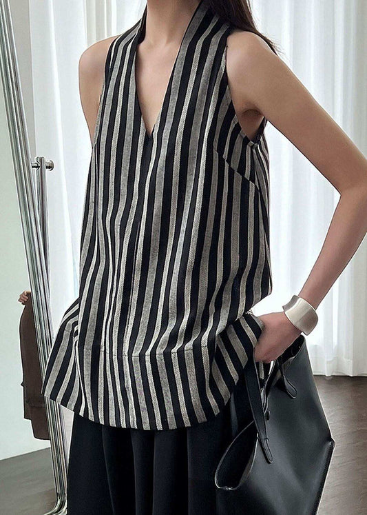 Women Black V Neck Striped Cotton Top Sleeveless